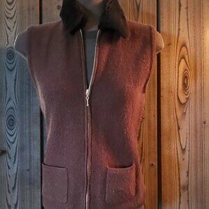 Brown Wool Sleeveless Jacket with Black Collar